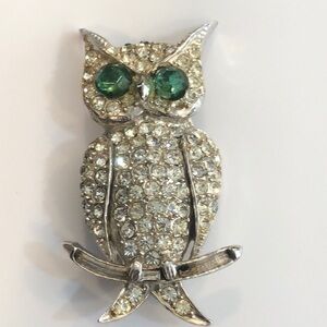 Vintage Owl brooch emerald green eyes & rhinestones- signed Pell- Rare